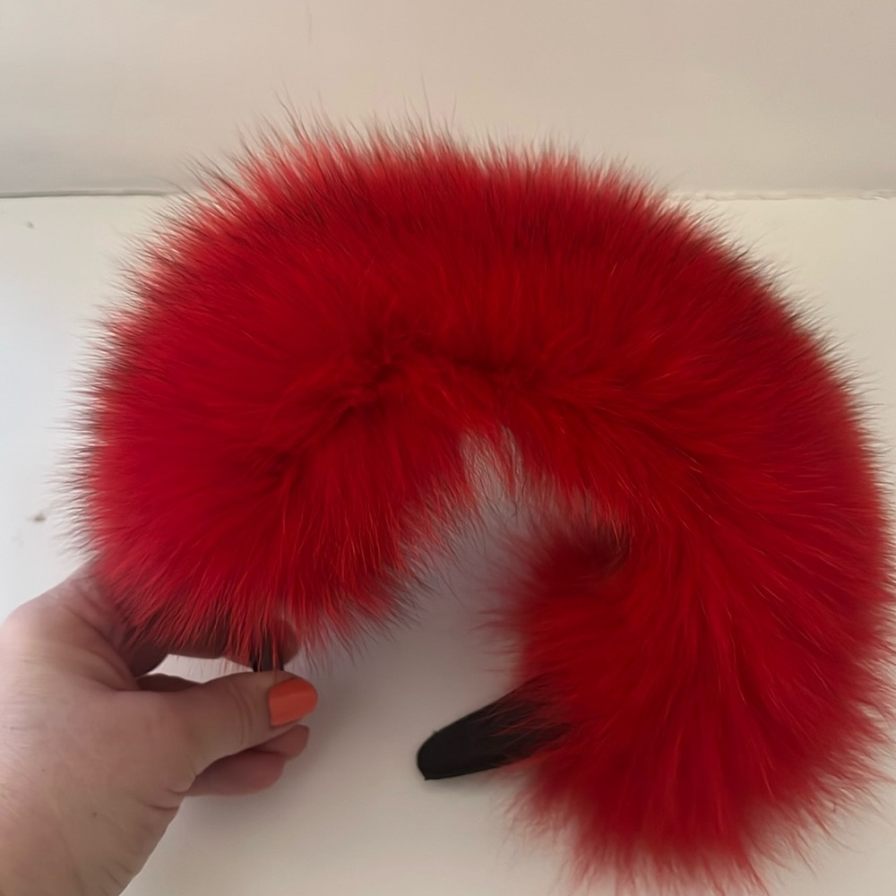 Headband Fox Fur with leather Red Color Hair Accessory with Voluminous T…